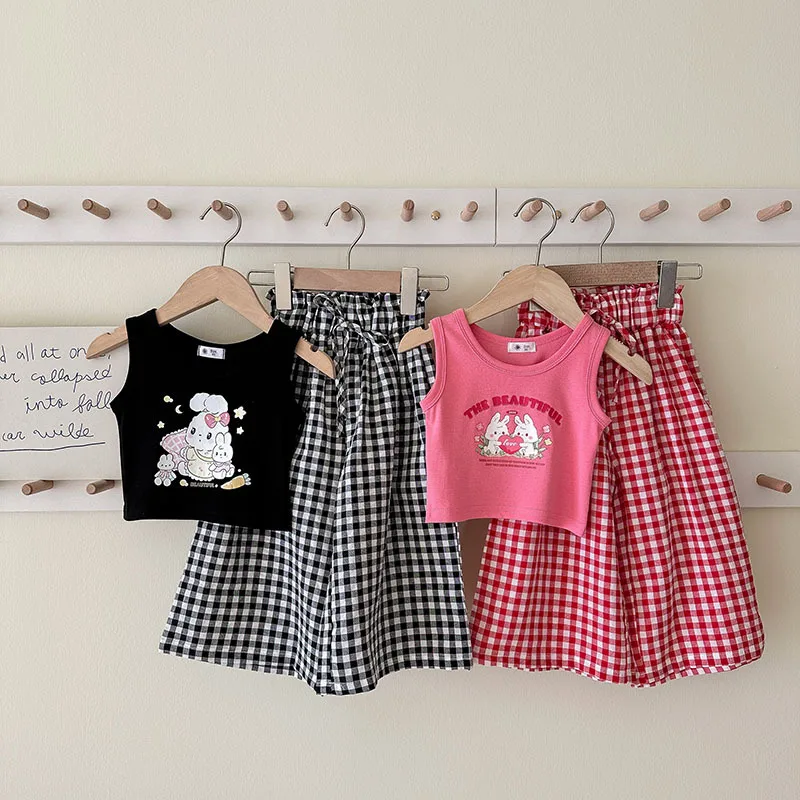 2 uds. Chaleco con estampado de animales para niñas lindas de verano + pantalones a cuadros para niños pantalones de pierna ancha cintura de flores - imagen 4