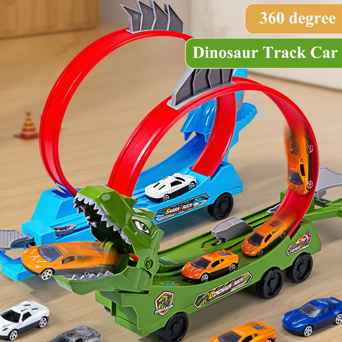 Set coche y pista con dinosaurio; tren educativo para niños curiosos