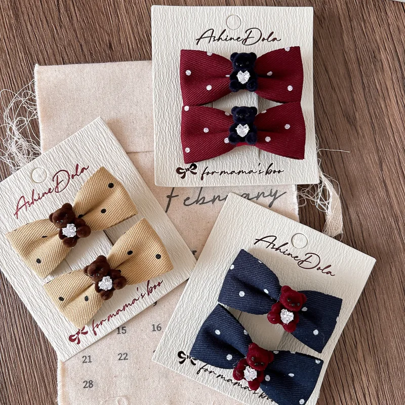 Korean Polka Dot Hair Clips for Girls Bow Flocked Bear Side Hair Clips Set Cute Children's Hair Accessories Non-Slip Grip Clips - imagen 3