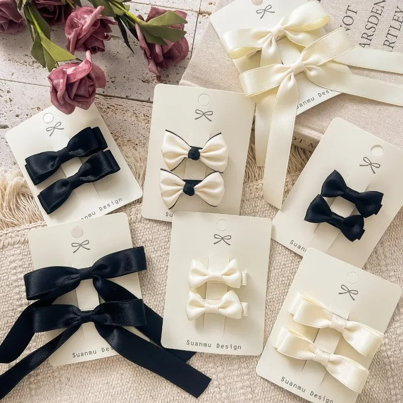 2 uds lindo Kawaii negro blanco arco Clip de pelo moda coreana princesa pasadores de Color sólido sombreros accesorios para el cabello para niñas - imagen 5