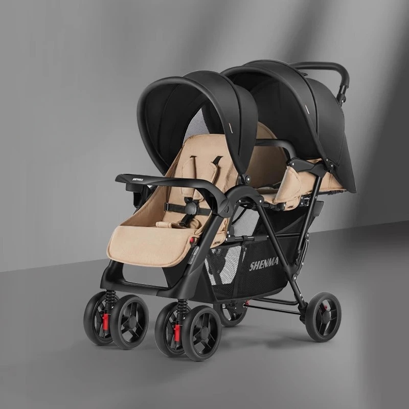 Cochecito de bebé de dos asientos para hermanos, cochecito reclinable ajustable con parte delantera trasera, cochecito de 4 ruedas con diseño compacto y plegable para todo tipo de clima