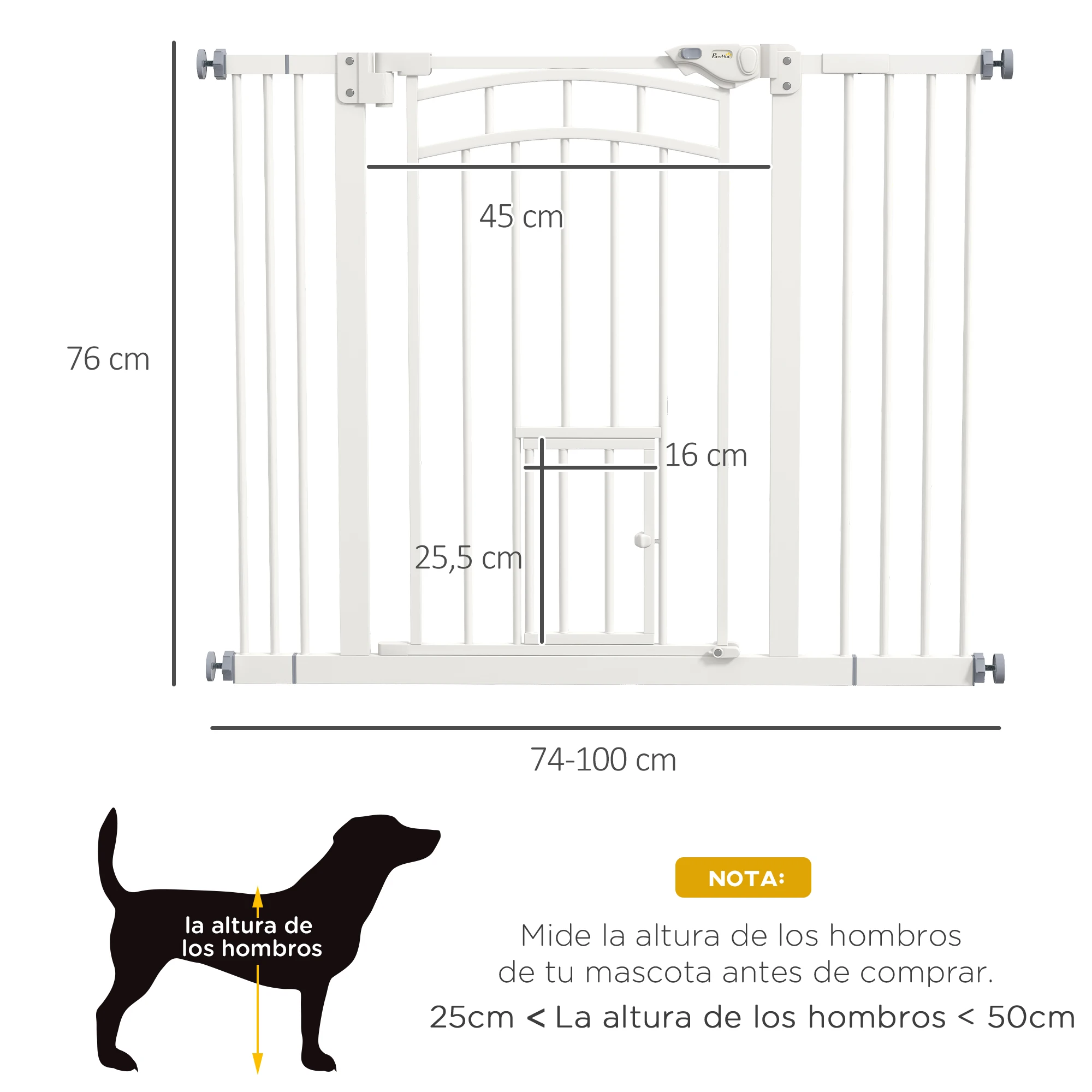 PawHut Barrera de Seguridad para Perros Extensible 74-100 cm, para Puertas y Escaleras, Puerta de Seguridad para Mascotas, con Montaje a Presión y Doble Bloqueo, Blanco - imagen 3