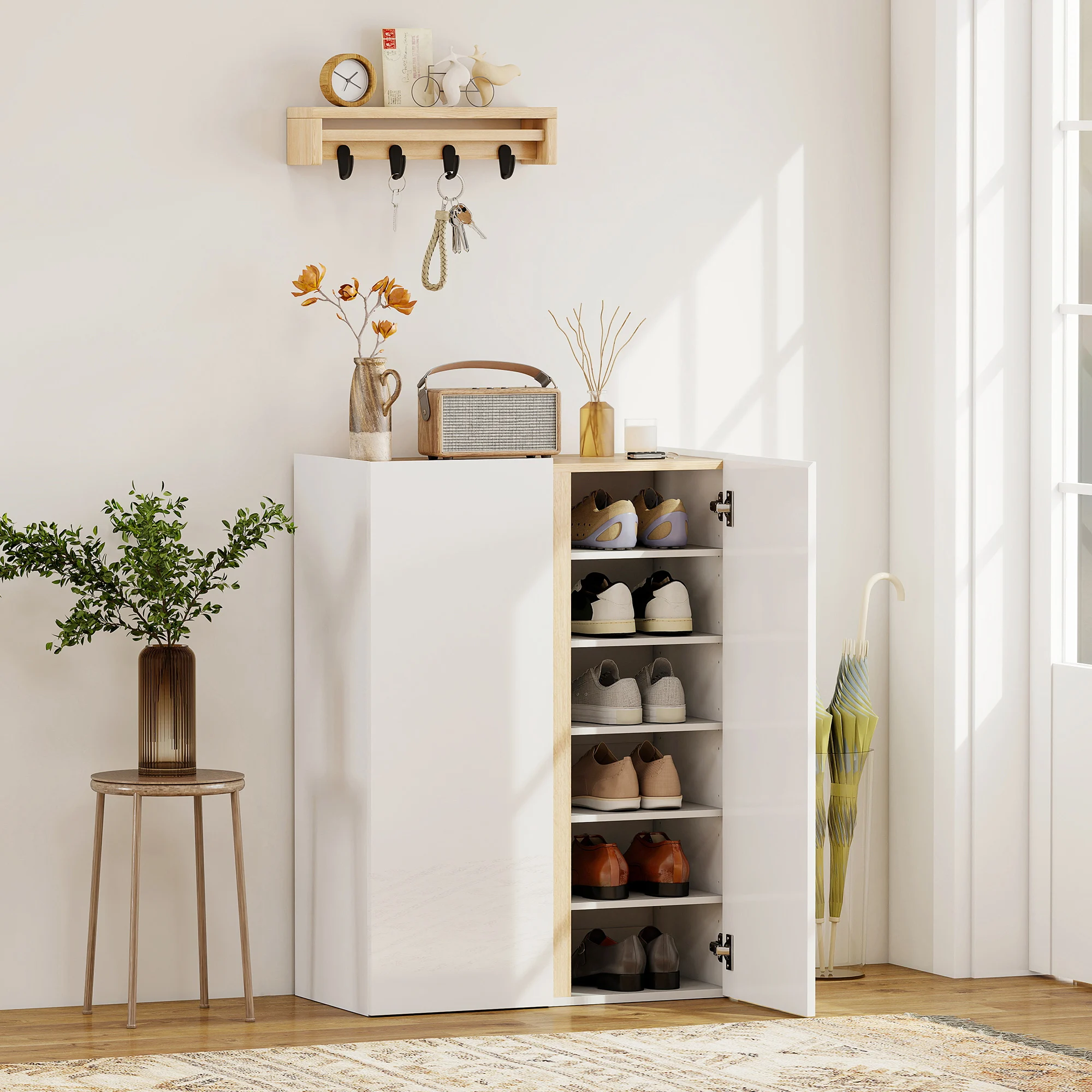 HOMCOM Zapatero de 6 Niveles con 2 Puertas en Blanco Brillo, Zapatero Entrada Recibidor con Cierre Suave y Estantes Ajustables, para 18 Pares de Zapatos, 70x33,5x95 cm Blanco