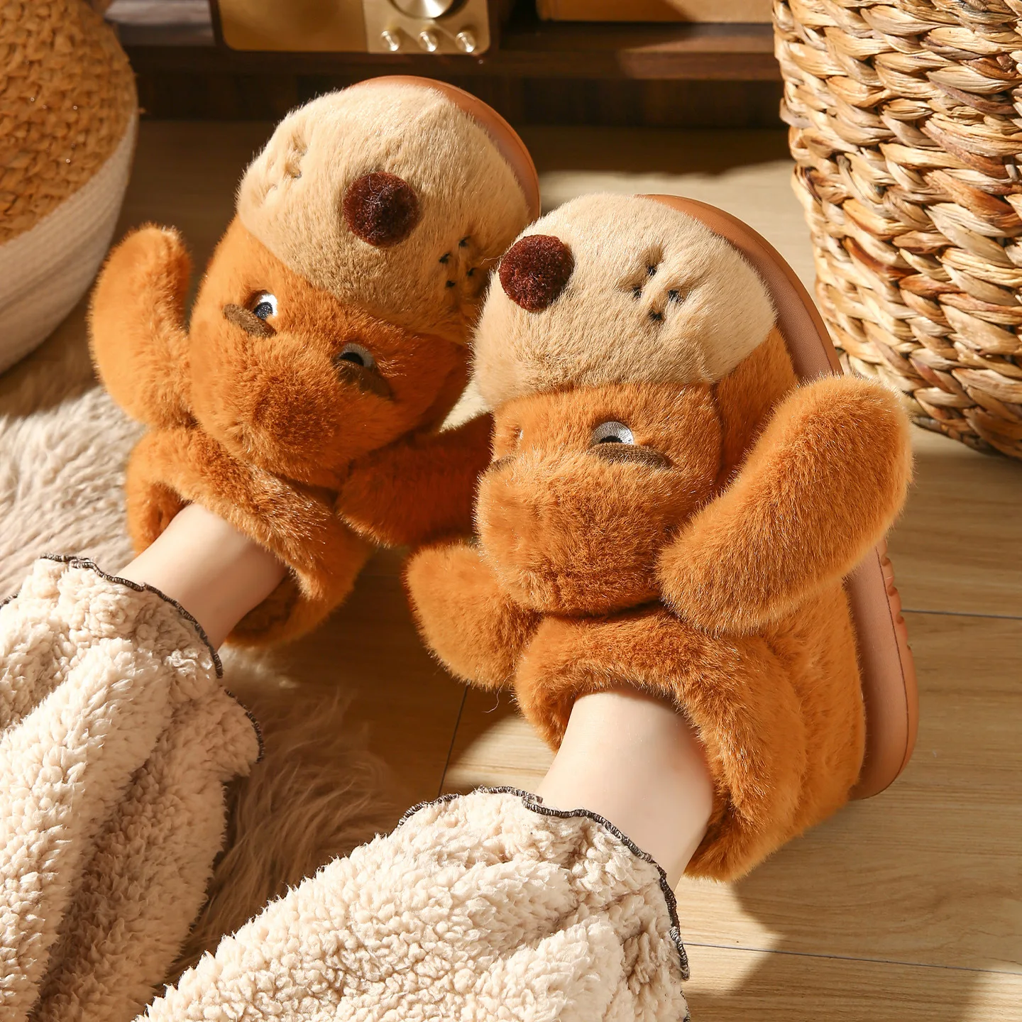 Zapatillas mullidas de perro peludo para mujer, zapatos de casa de invierno de estilo alto, botas de nieve cálidas de felpa con dibujos animados para jardín interior - imagen 3