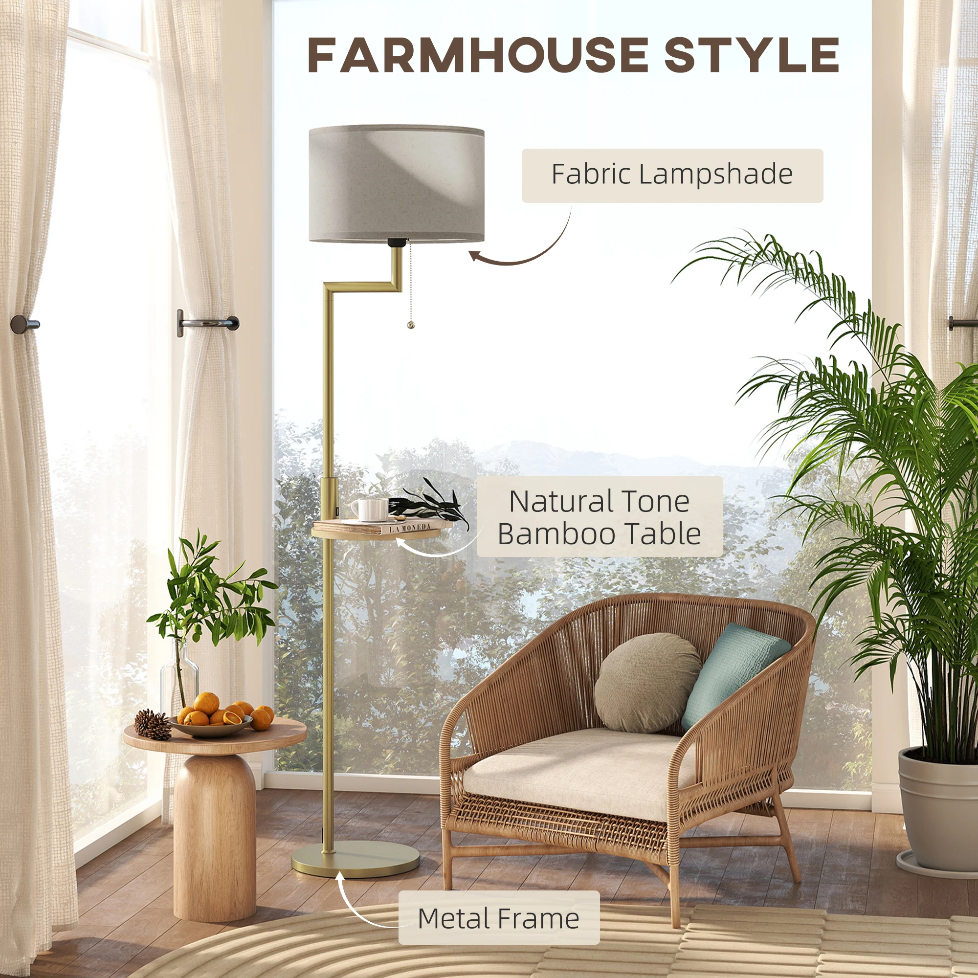 HOMCOM Lámpara de Pie Moderna con Estante, Lámpara de Lectura de Pie 40 W con Pantalla de Lino Sintético Desmontable, Puerto USB, Interruptor de Cadena y Marco de Acero, para Salón, Dormitorio, Dorado - imagen 4