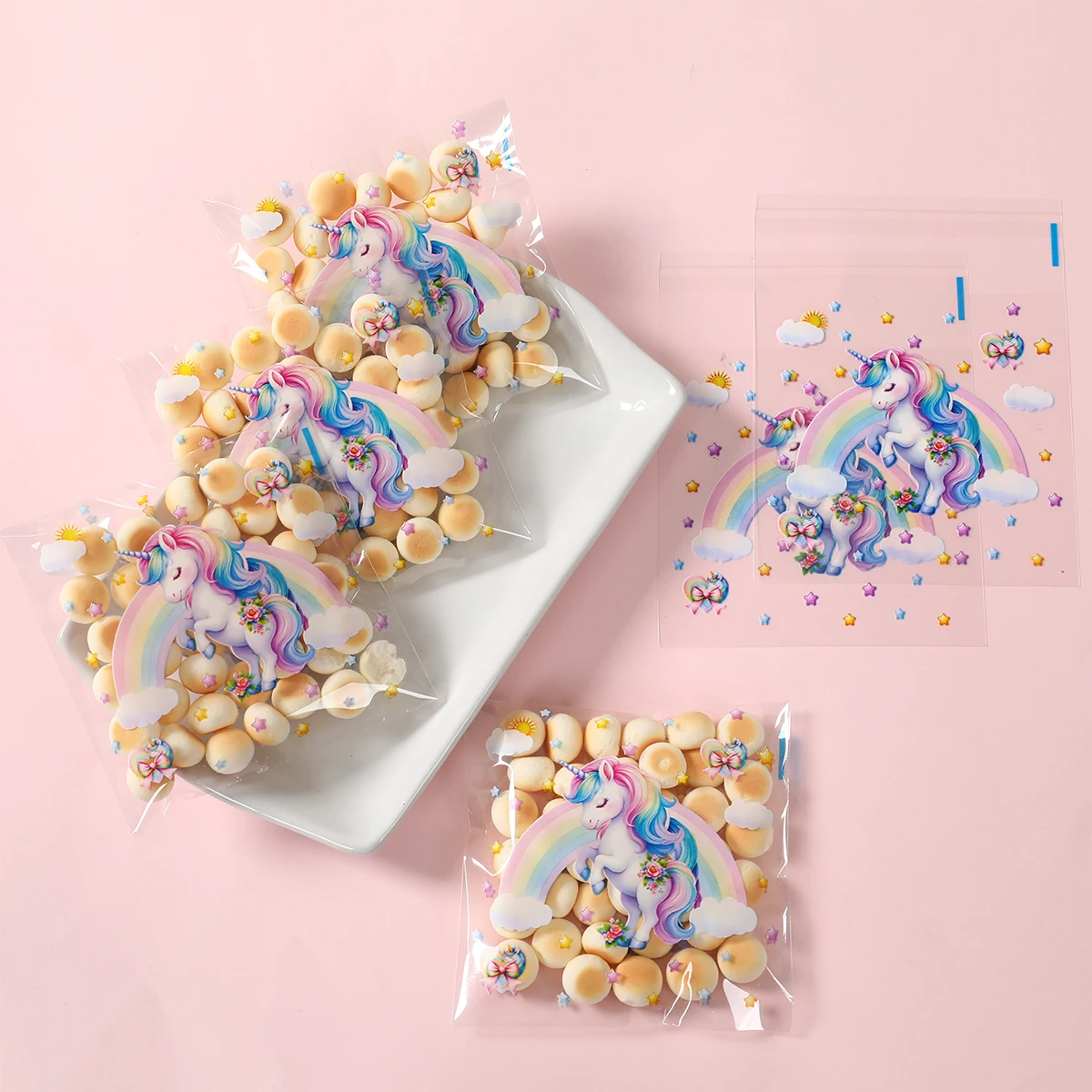 Bolsas de regalo de unicornio para decoración de fiesta de cumpleaños, bolsas de embalaje de plástico autoselladas, suministros para fiesta de recuerdo de bebé, 50/100 Uds. - imagen 4