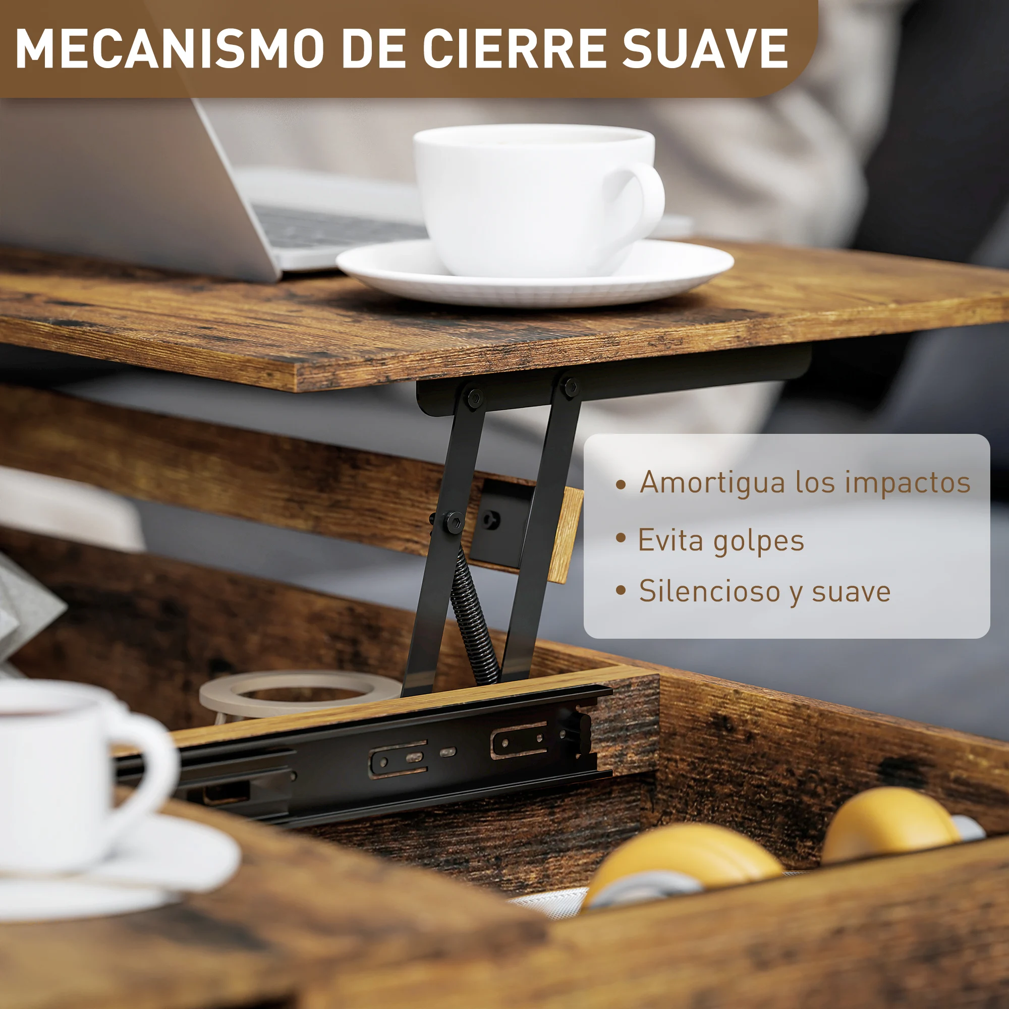 HOMCOM Mesa de Centro Elevable Mesa de Café con Encimera Deslizante Cierre Suave Espacio Oculto de Almacenaje 100x45x67 cm Marrón Rústico - imagen 5