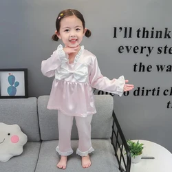 Pijama de seda fría para niña con lazo – Ropa de casa para primavera y otoño