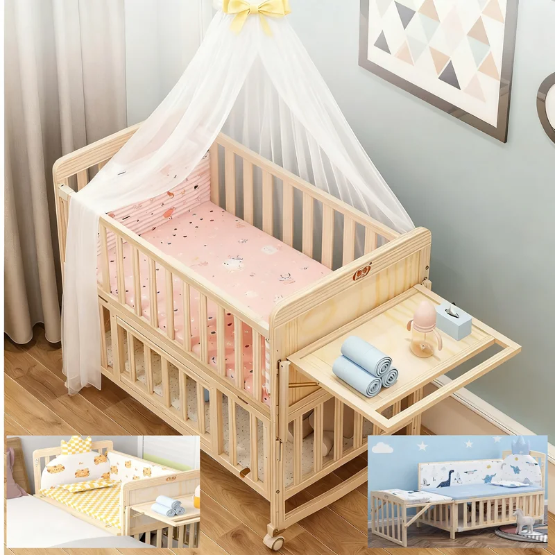 Cuna convertible tres en uno de madera pino con ruedas y mosquitera