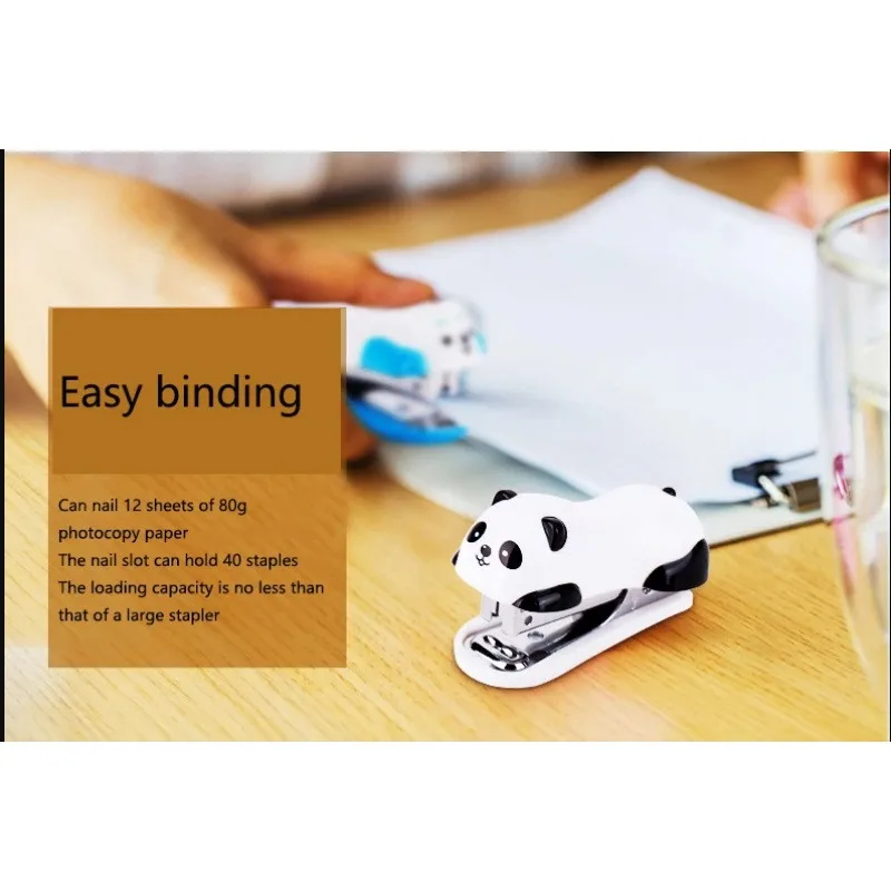 Grapadora de dibujos animados de Panda bonito, Mini máquina de encuadernación pequeña portátil, suministros de escritorio de oficina, herramienta de grapado de papelería Adorable para estudiantes - imagen 5