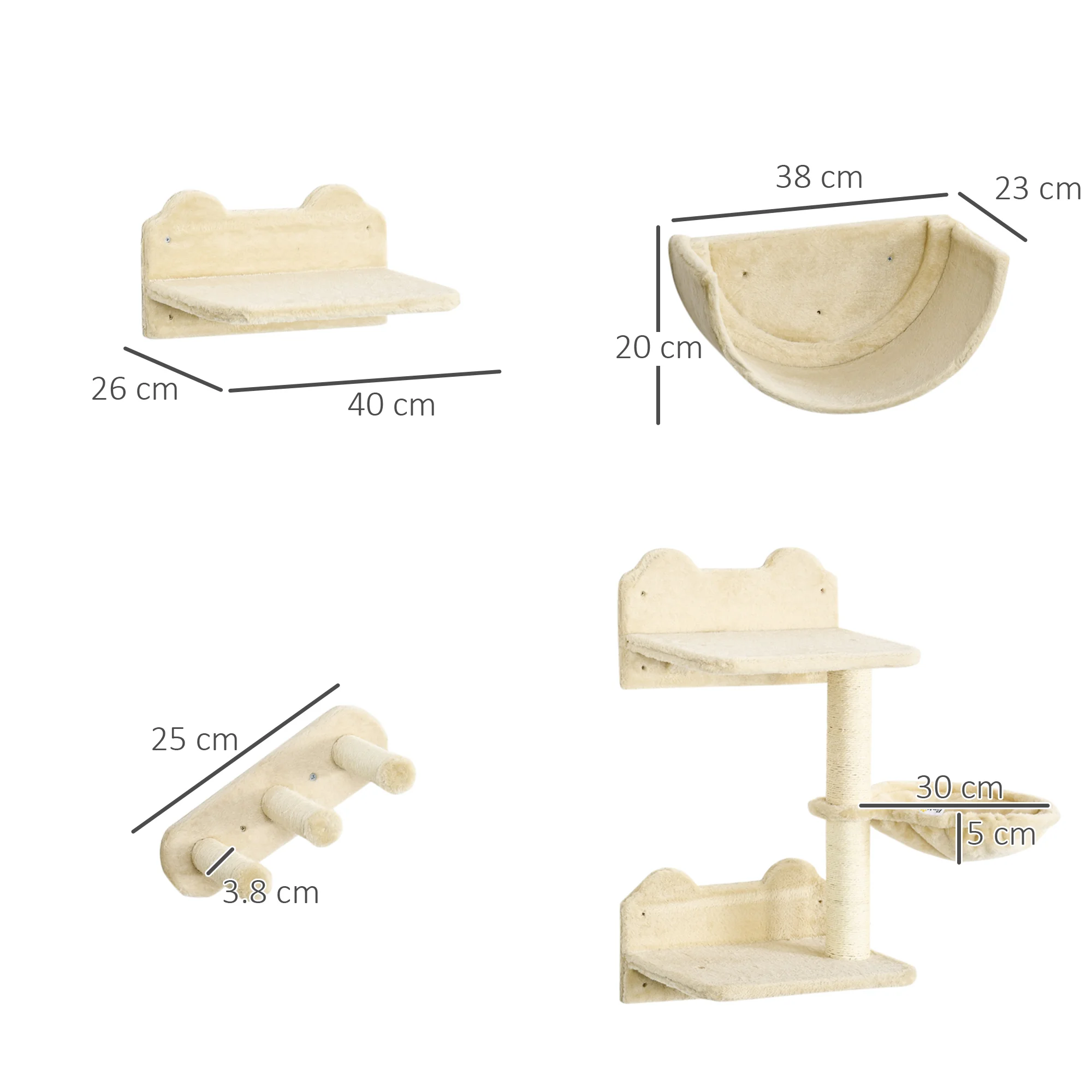 PawHut Estante de Escalada para Gatos de Pared Juego de Estantes para Gatos 4 Piezas con Hamaca Nido Rascador Plataformas para Saltar y Poste de Sisal Beige - imagen 3