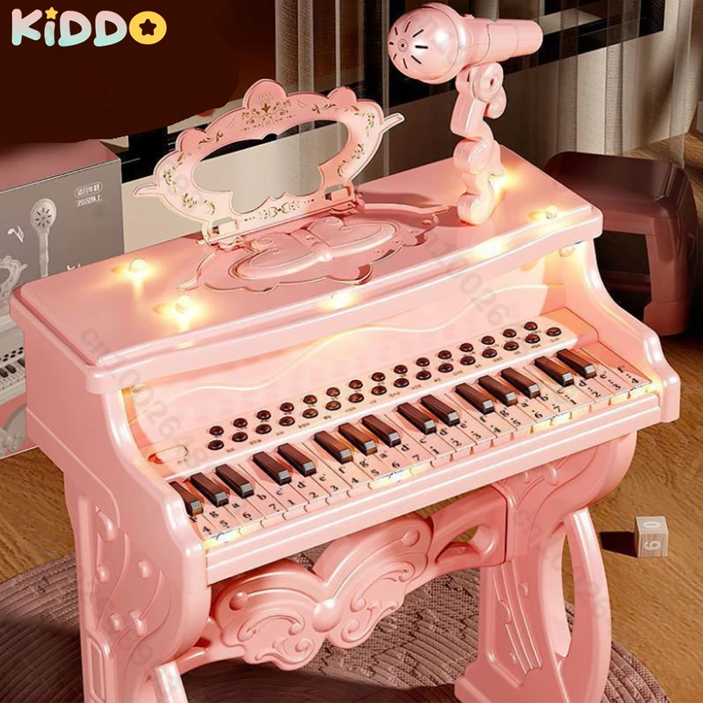 Teclado de Piano Electrónico para niños, juego de instrumentos musicales multifuncionales con micrófono para niños y niñas con silla navideña