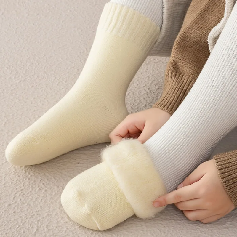 Calcetines térmicos hasta la rodilla de lana gruesa y cálida para invierno, calcetines de algodón suave para niños y niñas, calcetines térmicos simples de felpa de Color sólido para niños - imagen 2