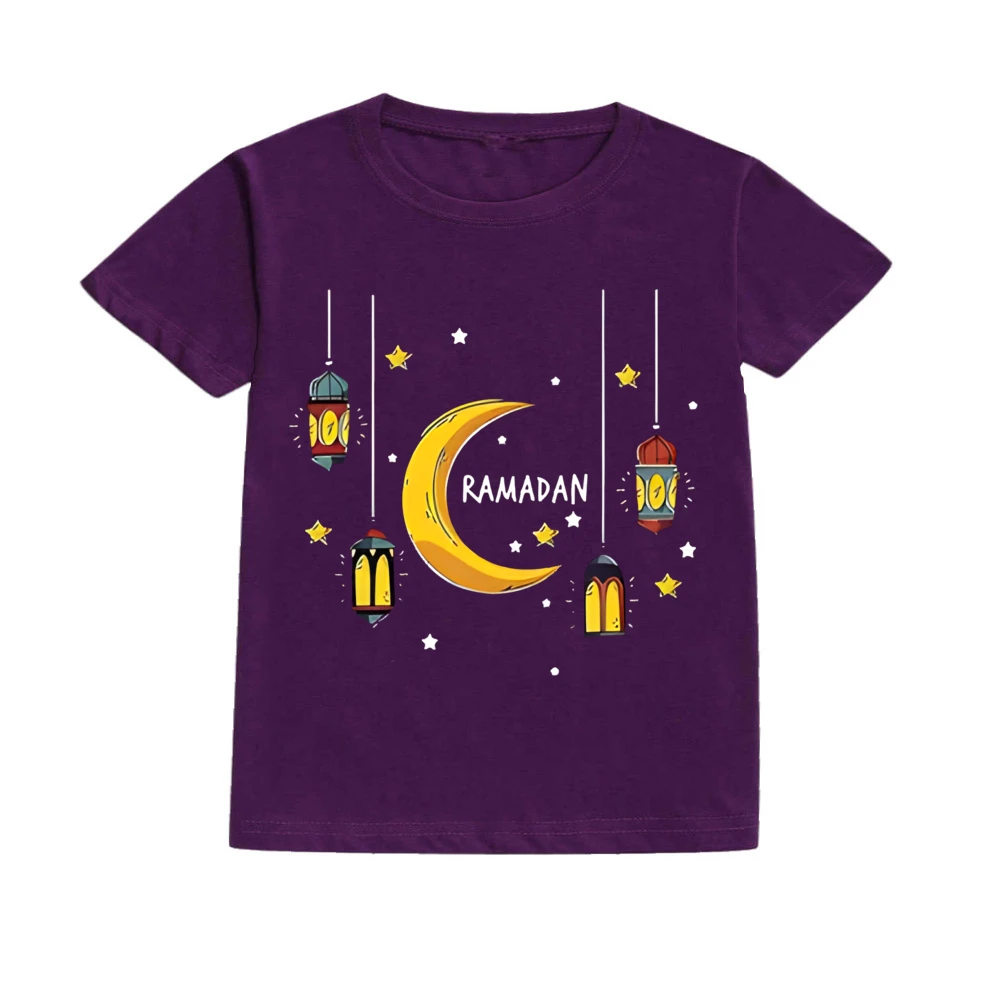 Ropa con estampado de Luna de Ramadán para niño y niña, camiseta Eid Mubarak para niño, camisa de manga corta para niño, traje de vacaciones musulmán islámico, Tops - imagen 4