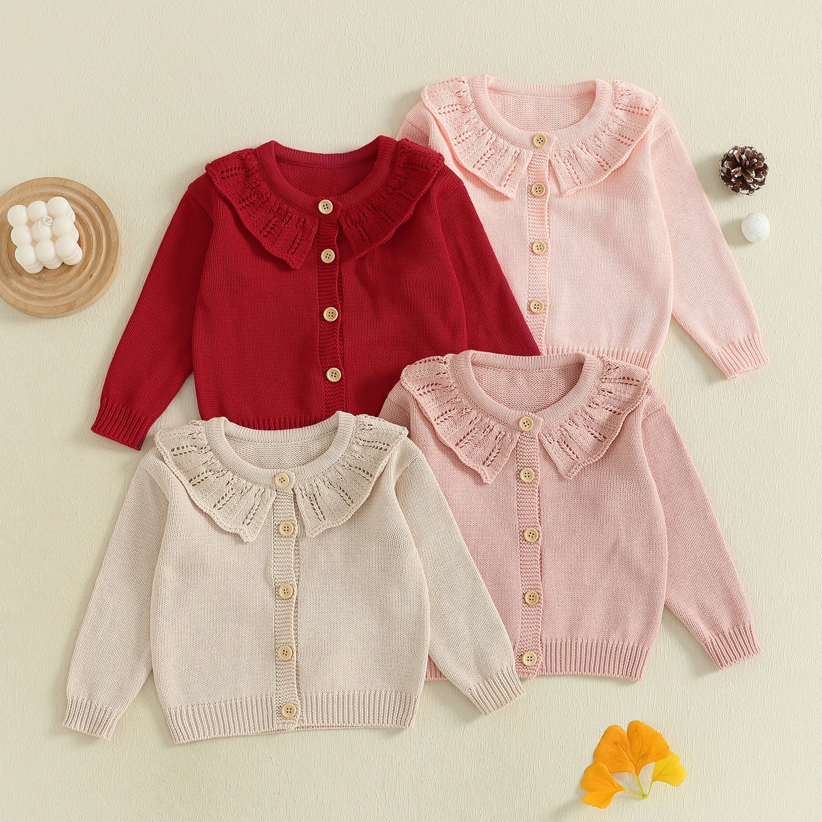 VISgogo Suéter de punto para niñas pequeñas de 1 a 4 años, color sólido, con volantes, cuello redondo, manga larga, cárdigan con botones - imagen 2