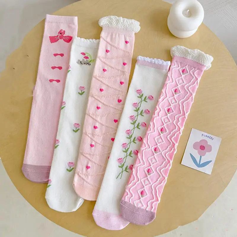 1 par de medias florales para niños, calcetines hasta la rodilla de algodón suave y combinado para niñas de 3 a 8 años - imagen 2