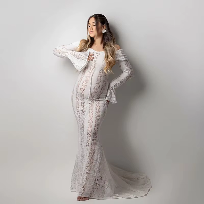 Vestido premamá de encaje con hombros descubiertos para baby shower - imagen 5