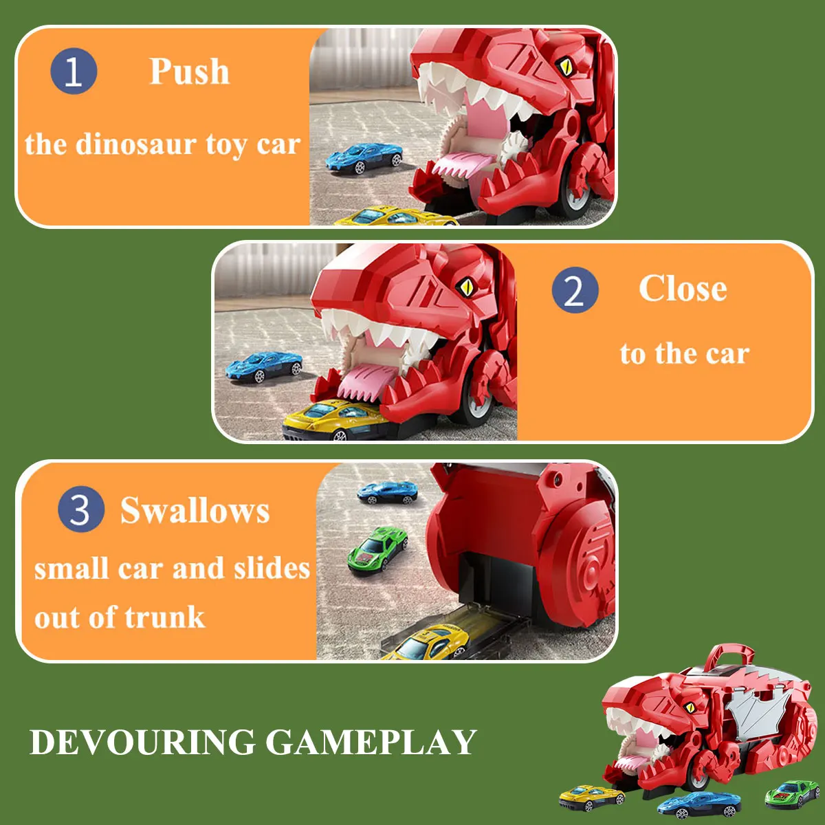 Camión de dinosaurio dos en uno de juguete para niños, Tyrannosaurus Rex, coche de aleación para evitar y almacenar con pista corredera plegable, transportador Gif - imagen 5