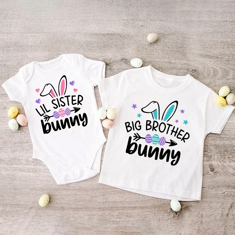 Camiseta con estampado de conejito de hermana pequeña, camiseta de Pascua para niños y niñas, traje a juego para hermanos, camisetas para niños, mono para bebé, 1 Uds.