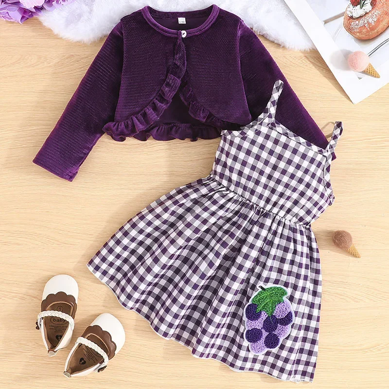 2 uds primavera otoño ropa infantil para niña moda coreana lindo vestido de princesa sin mangas a cuadros vestidos de bebé + Tops artículos para recién nacidos B022