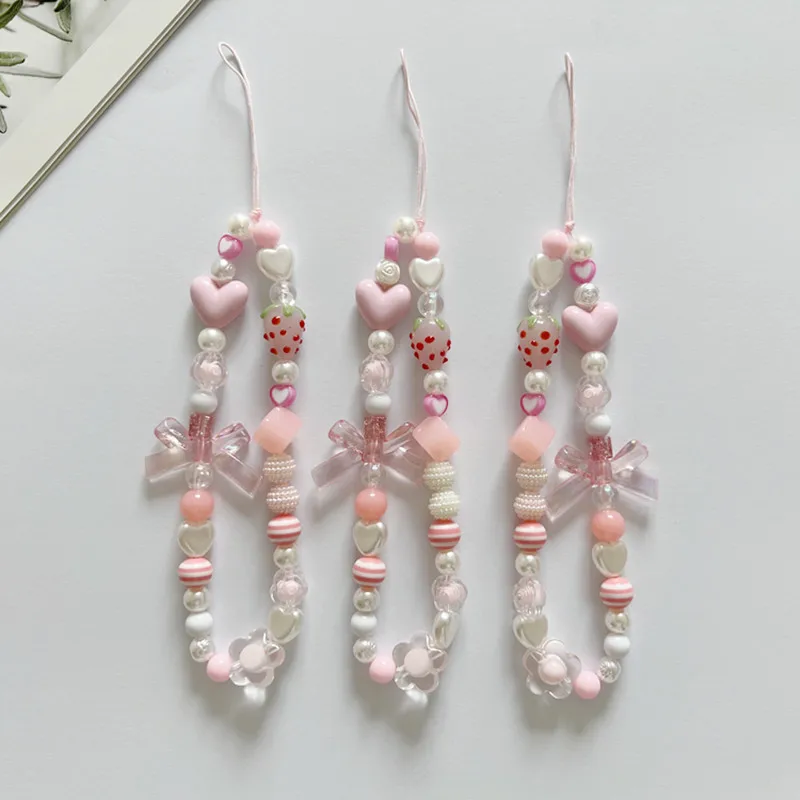 Dulce flor de fresa cuenta correa de teléfono encanto cadena nudo teléfono móvil cordón llavero mujer chica bolso cámara funda de teléfono colgante - imagen 4
