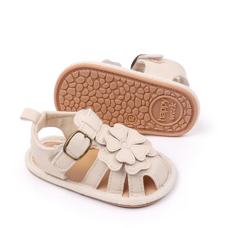 Sandalias para niñas, nuevos zapatos planos de verano para bebés, bonitos zapatos de cuna de PU con flores para primeros pasos para recién nacidos - imagen 4