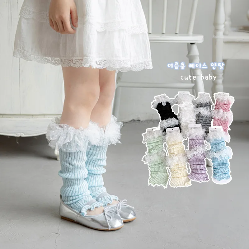 Calentadores de piernas para niños estilo Ballet, calcetín con adornos de encaje de tul para primavera y otoño, calcetines coloridos con pila de dopamina, mangas holgadas para piernas Kawaii, 1 par
