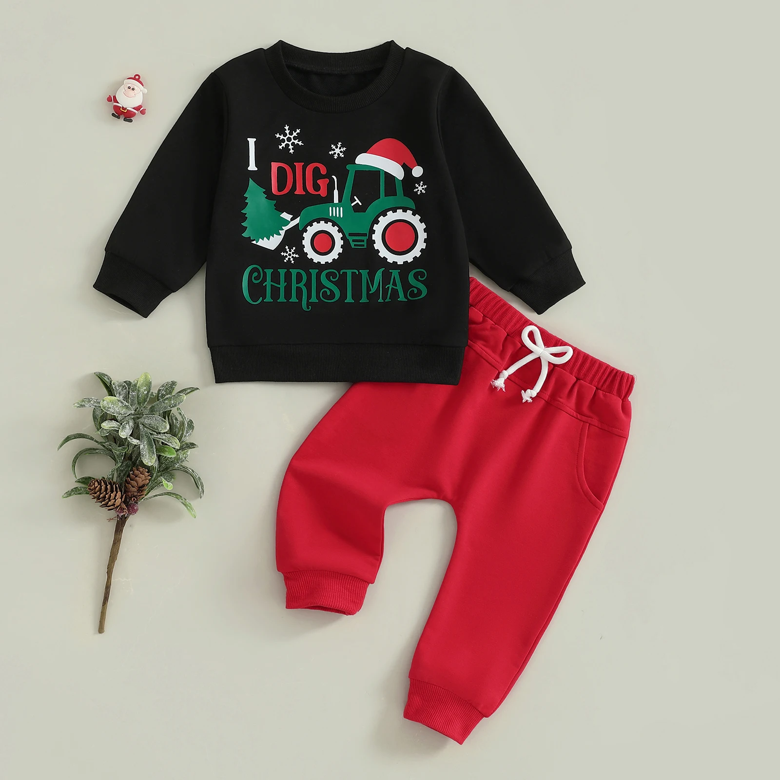 VISgogo Conjunto de ropa para bebés y niños pequeños, jersey de manga larga con patrón de árbol de Navidad y excavadora y pantalones, traje de 2 piezas - imagen 2
