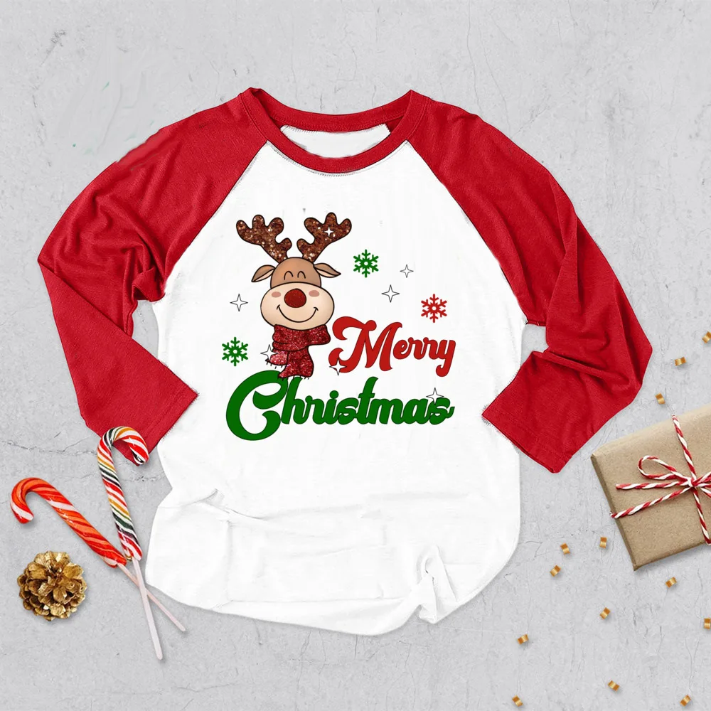 Feliz Navidad Santa ciervo impreso niños camisa niños niñas raglán manga larga Tops día de Navidad niño traje niño ropa de Navidad para niños pequeños - imagen 5