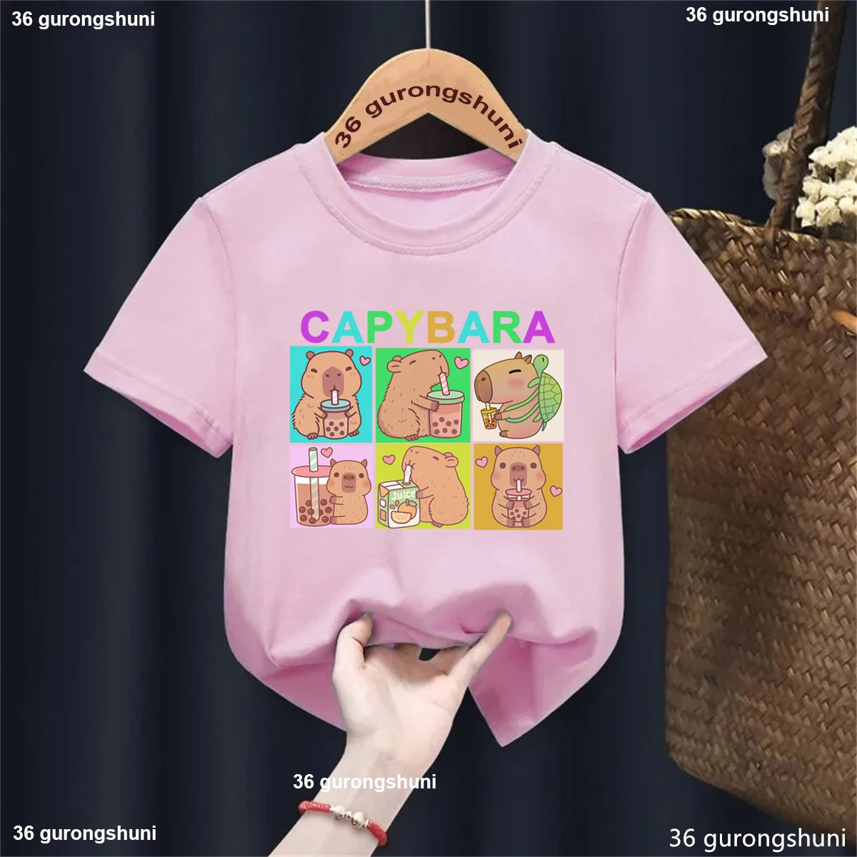 Camiseta infantil capybara kawaii con estampado arcoíris - imagen 4