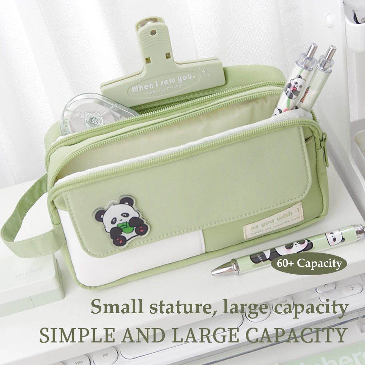 Bolsa de lápices Simple de gran capacidad con Panda de dibujos animados, bolsa de papelería portátil para estudiantes de secundaria con doble compartimento, verde/negro/púrpura - imagen 3