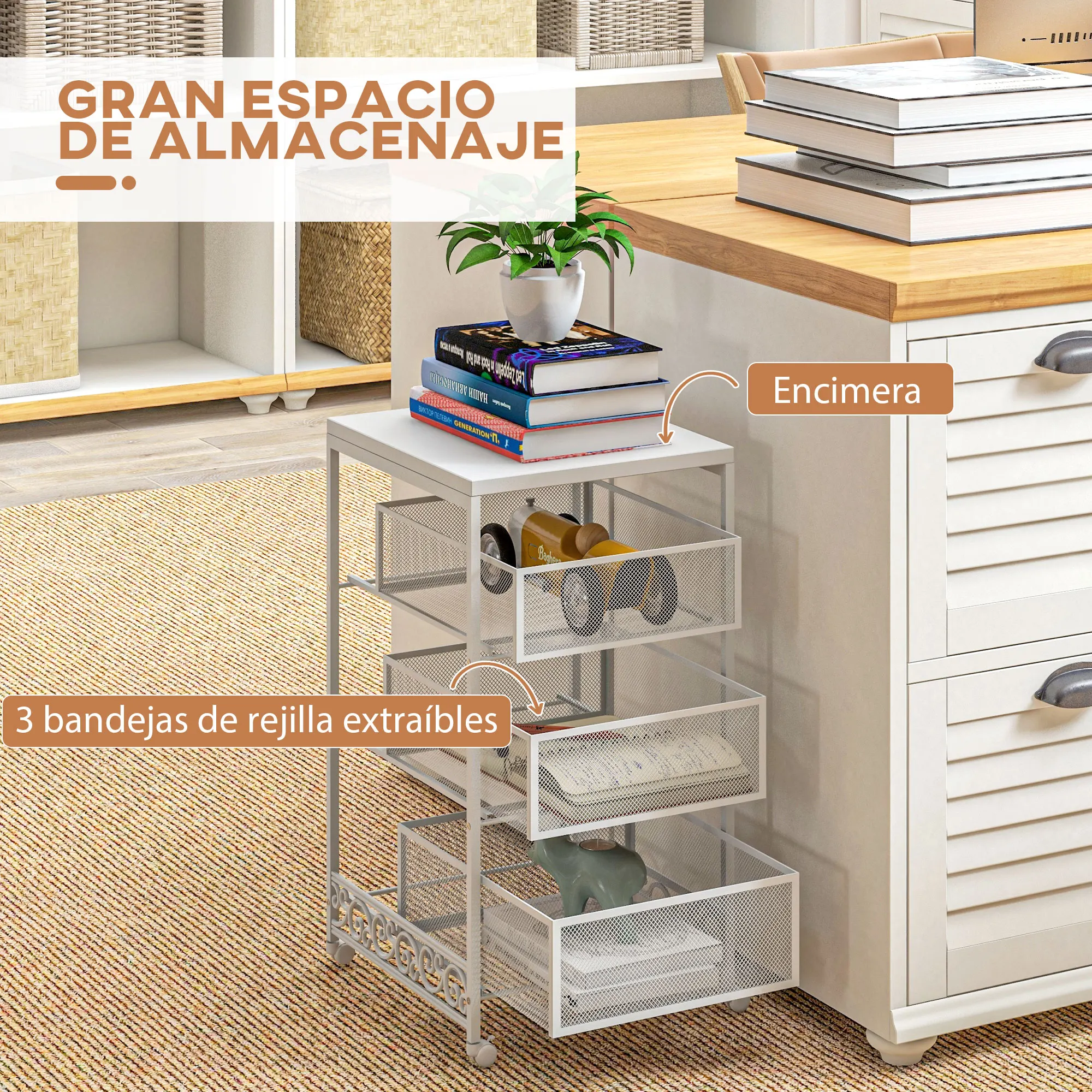 HOMCOM Carrito Auxiliar con Ruedas Carrito de Almacenamiento de 3 Niveles con 3 Cesta de Almacenamiento para Salón Comedor Cocina Baño 34x29,5x57,5 cm Blanco - imagen 4