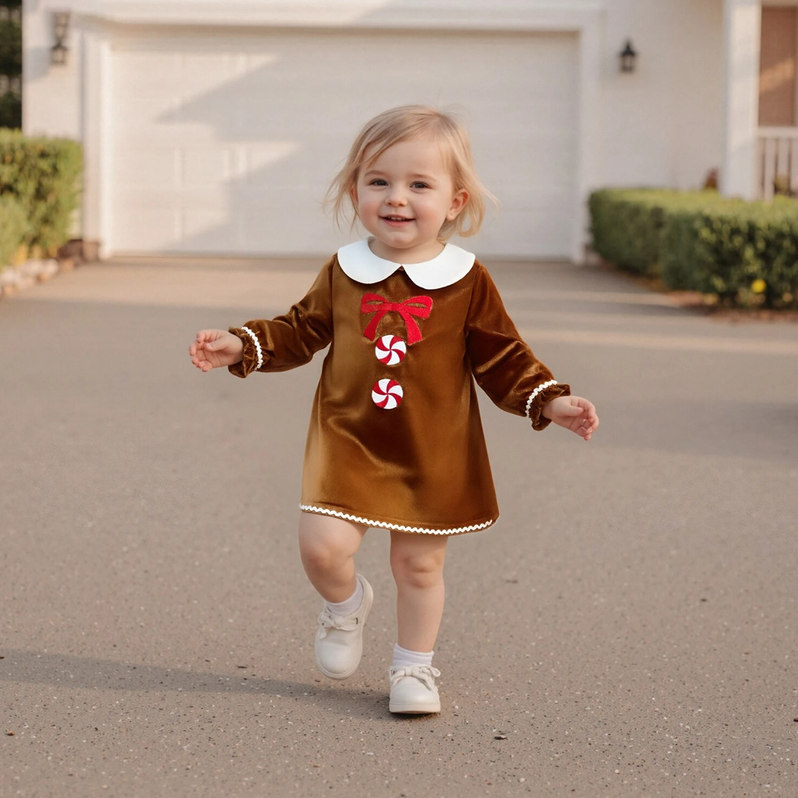 SUNSIOM Vestido de Navidad de una línea para niña pequeña, hombre de jengibre, bordado con lazo, manga larga, cuello de muñeca, vestido de terciopelo - imagen 2