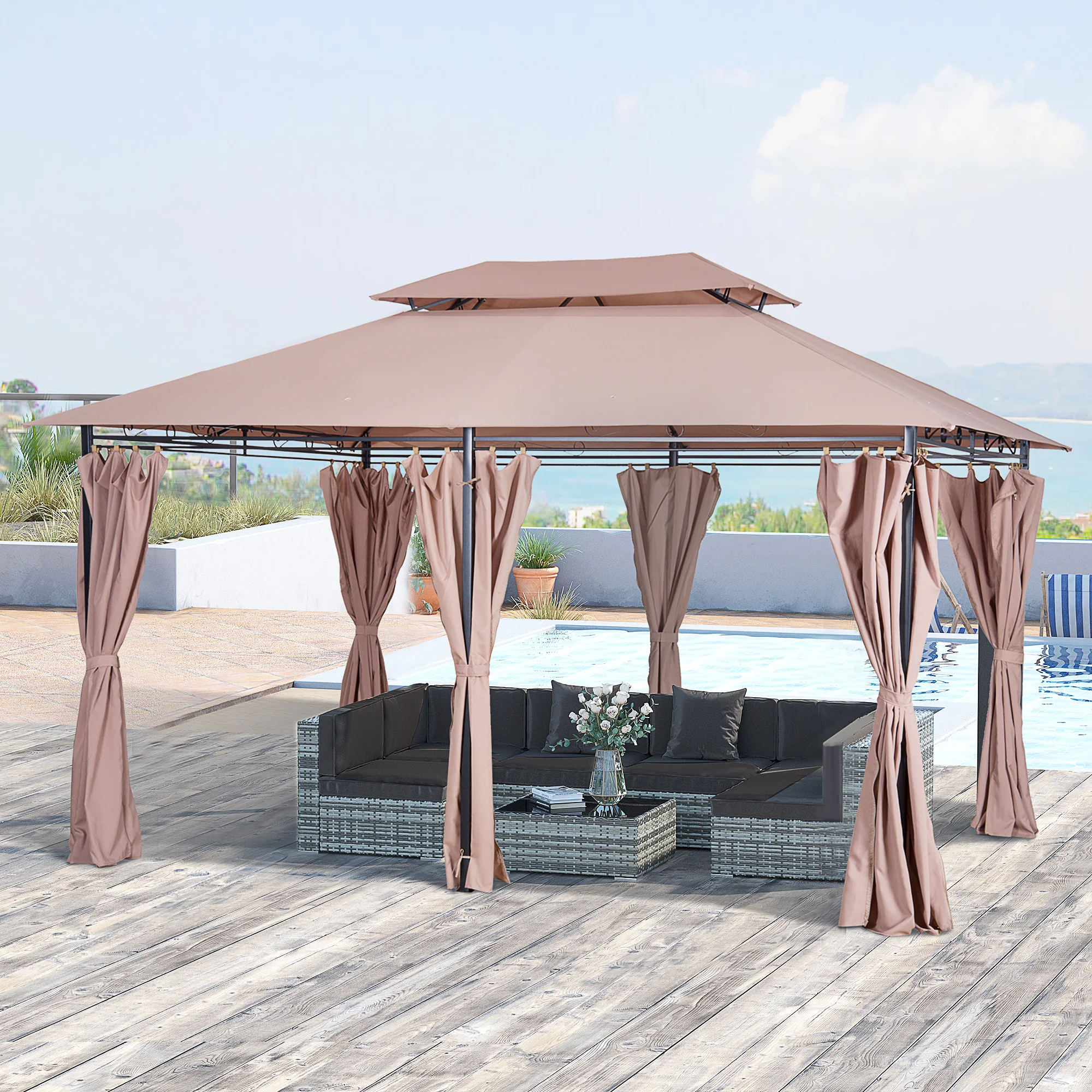 Outsunny Cenador de Jardín 3x4 m Gazebo de Exterior con Paredes Laterales Doble Techo 6 Puertas con Cremallera y 8 Orificios de Drenaje para Terraza Patio Playa Caqui - imagen 2