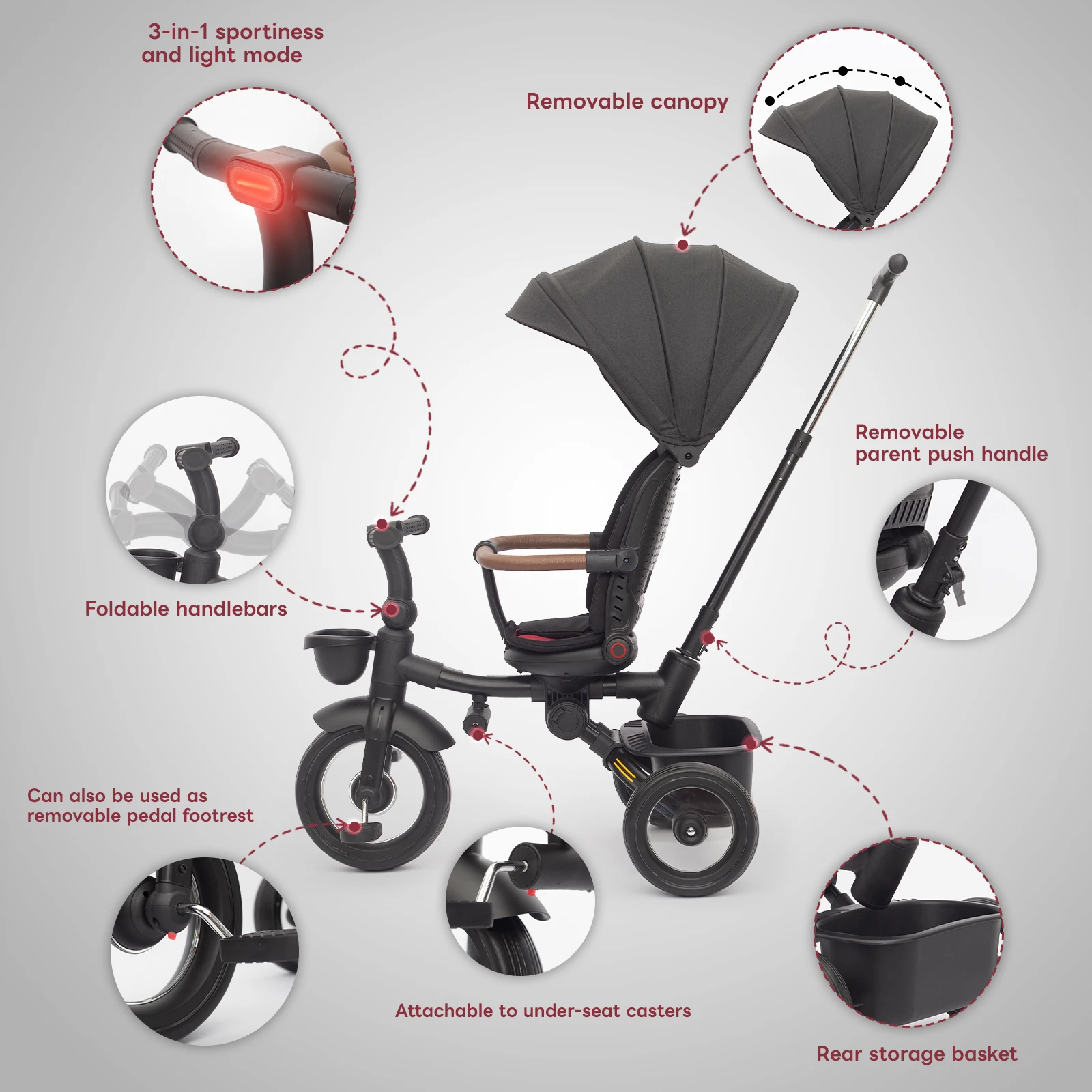 UBRAVOO Triciclo para bebé, triciclo plegable 7 en 1 para niños de 6 m+ a 5 años, faros. Cochecito de bicicleta todoterreno para paseo y dirección - imagen 2