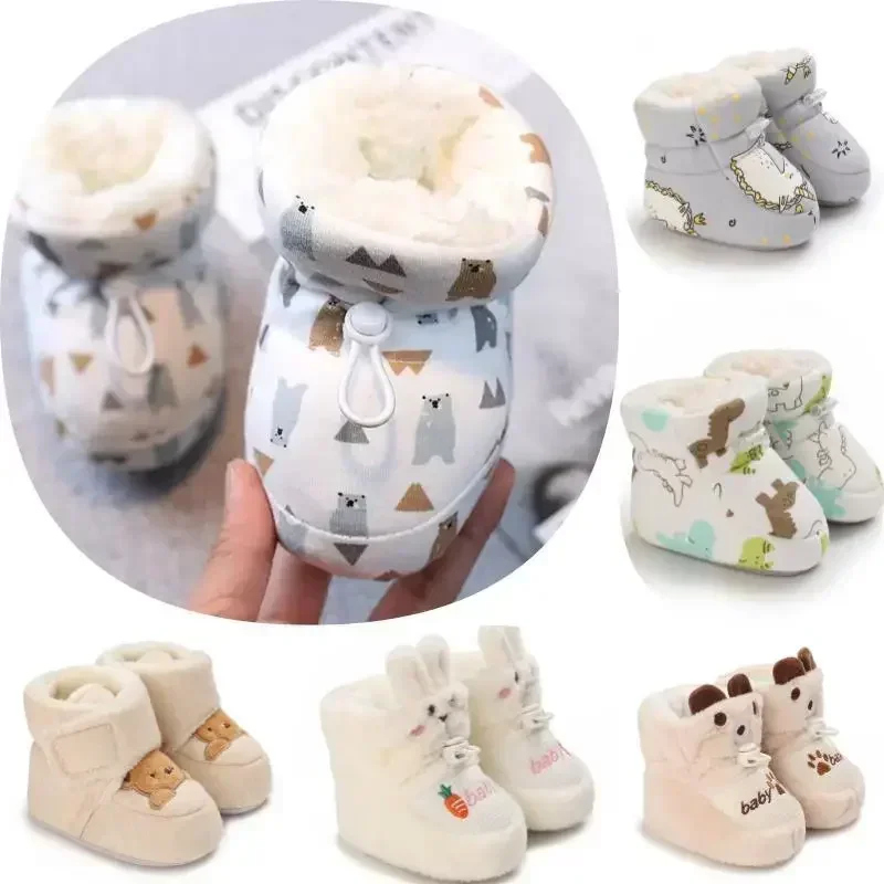 Botas de invierno para bebé de 0 a 1 año, bonitas botas de dibujos animados para niños y niñas, suela suave de algodón, zapatos antideslizantes y cálidos para caminar para niños en edad preescolar