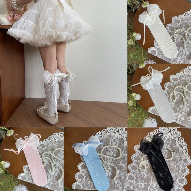 1 par de calcetines finos de verano de Jacquard Floral hasta la pantorrilla para niños y niñas, cinta con lazo a la moda, calcetines de malla dulce para niños, calcetín elástico suave de nailon