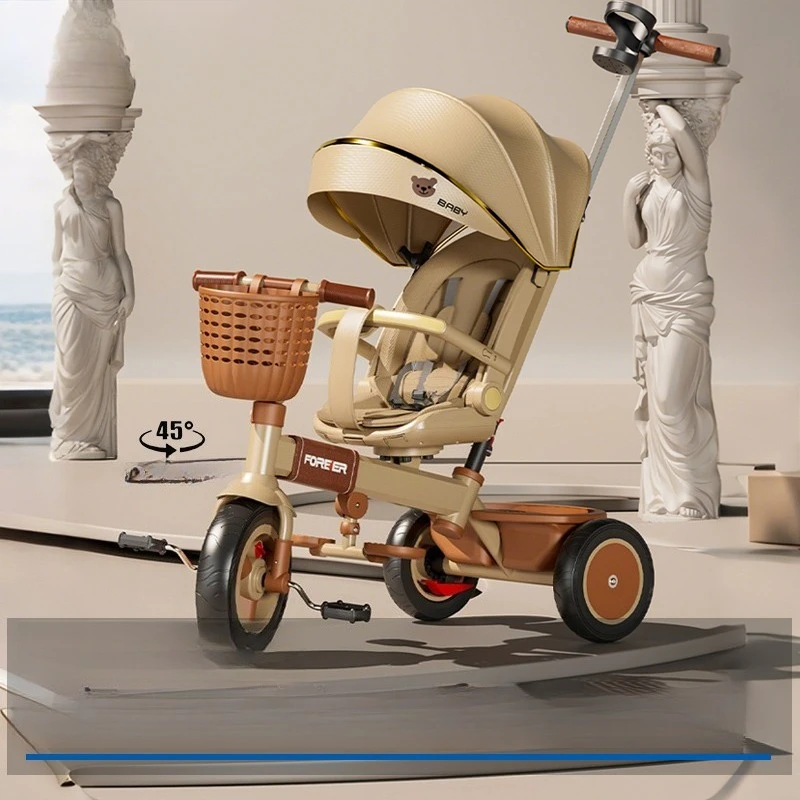 Triciclo convertible 3 en 1 para bebé, asiento reclinable con dosel y cesta de almacenamiento, estructura de acero para niños de 0 a 6 años