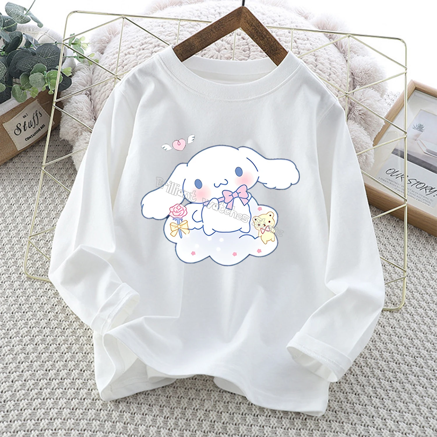 Cinnamoroll-Top de manga larga para niños, camiseta de Anime de dibujos animados, ropa informal blanca nueva, blusa, ropa de moda para niños, regalo - imagen 2