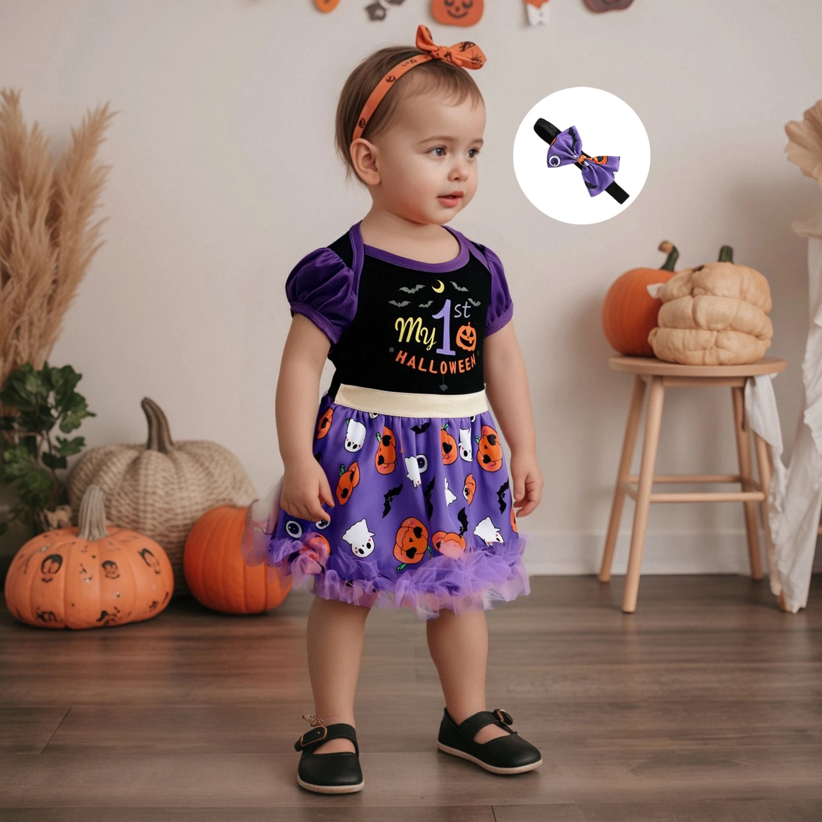 SUNSIOM Traje para niña recién nacida, vestido mameluco con estampado de fantasma de calabaza y letras de manga corta con diadema, ropa de Halloween - imagen 4