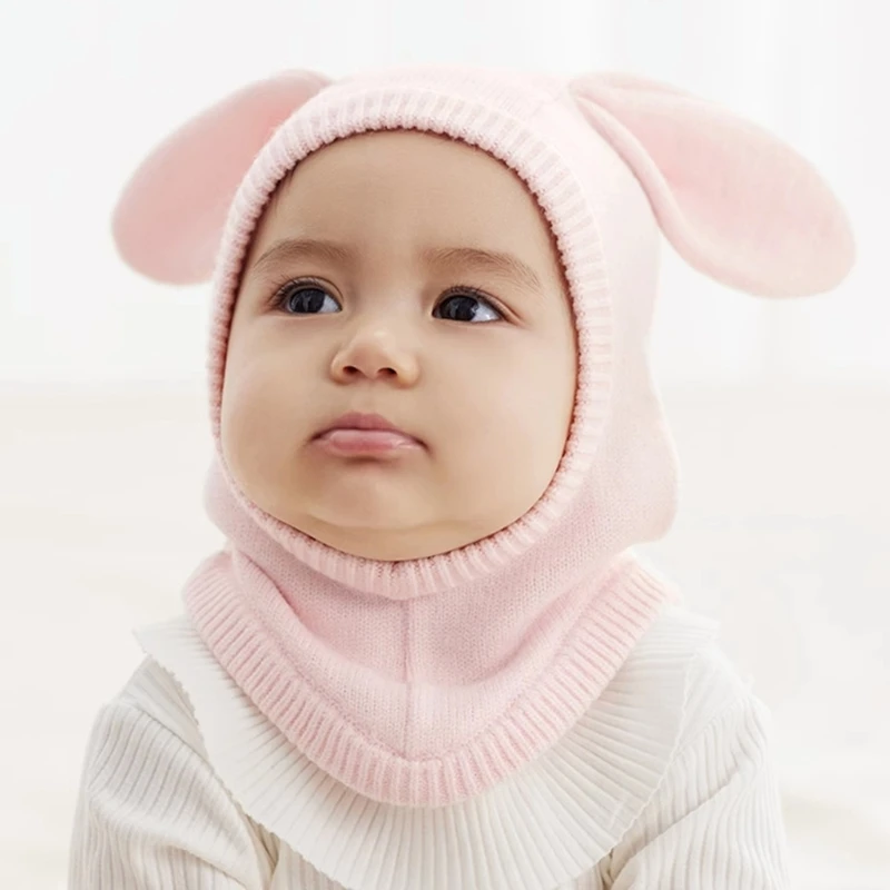 Gorro de lana de punto para bebé, gorro cálido con Orejas de conejo para niños, protección para el cuello al aire libre, otoño e invierno, 6-18 meses