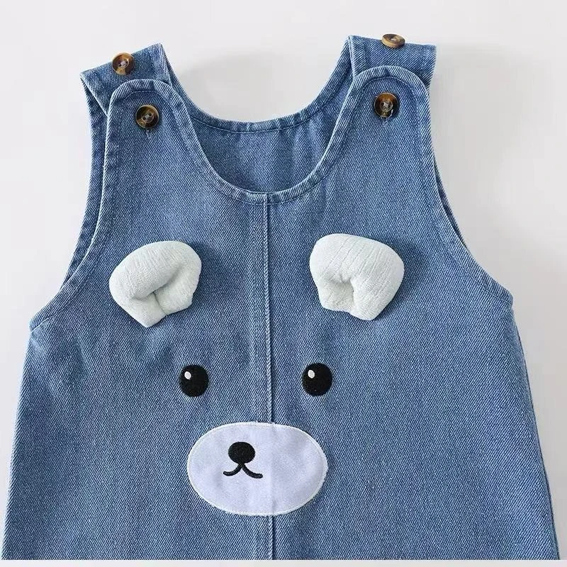 Monos de mezclilla suave para bebé, pelele bonito de oso 3D para niños y niñas, chaleco sin mangas, mono para niños pequeños, traje para gatear de primavera y otoño - imagen 3