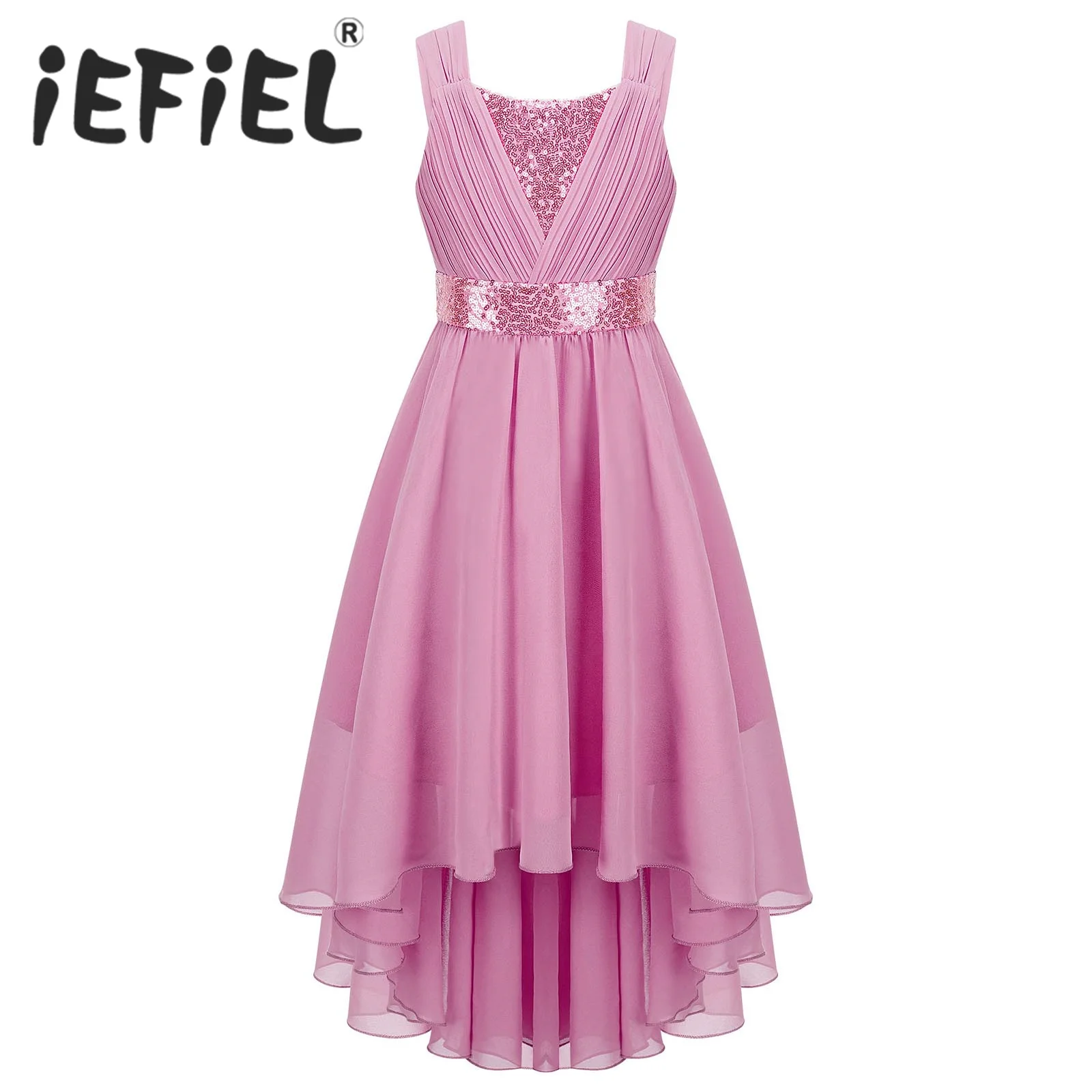 Vestido fruncido de lentejuelas para niñas, vestido de fiesta sin mangas, dobladillo alto-bajo, vestido de princesa de gasa para cumpleaños, boda, dama de honor, Verano