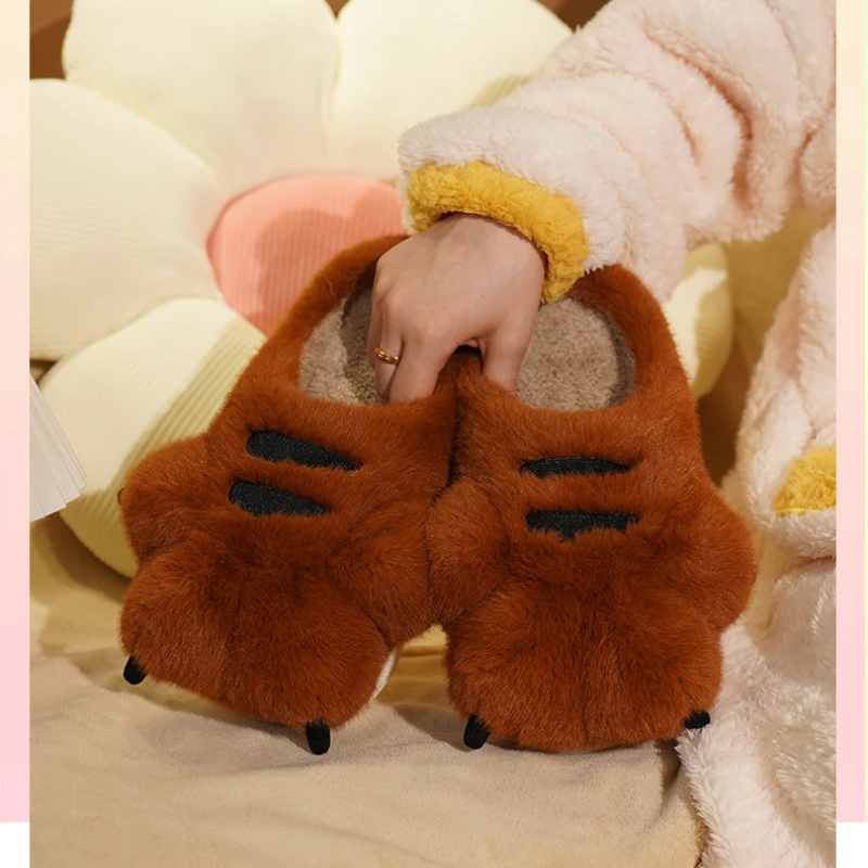 Zapatillas mullidas de dibujos animados para hombre y mujer, zapatos cálidos de invierno, zapatillas antideslizantes de felpa suave con pata grande, zapatillas de algodón para interior del hogar - imagen 3