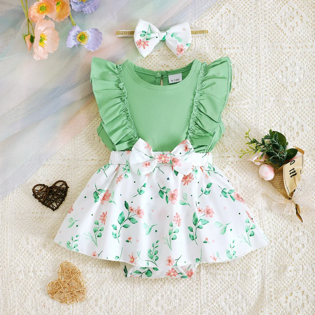 Body + sombreros para niña recién nacida, vestido Floral verde sin mangas con volantes, vestidos bonitos para niña de 1 a 12 meses, 2 uds.