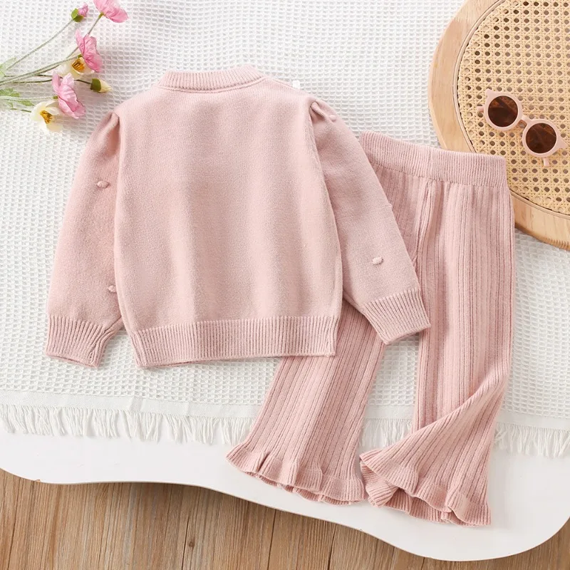 Nuevo conjunto de punto de estilo coreano a la moda de invierno para niñas, jersey de flores sólidas para niños de dos piezas, traje cálido y agradable para la piel para niños - imagen 4