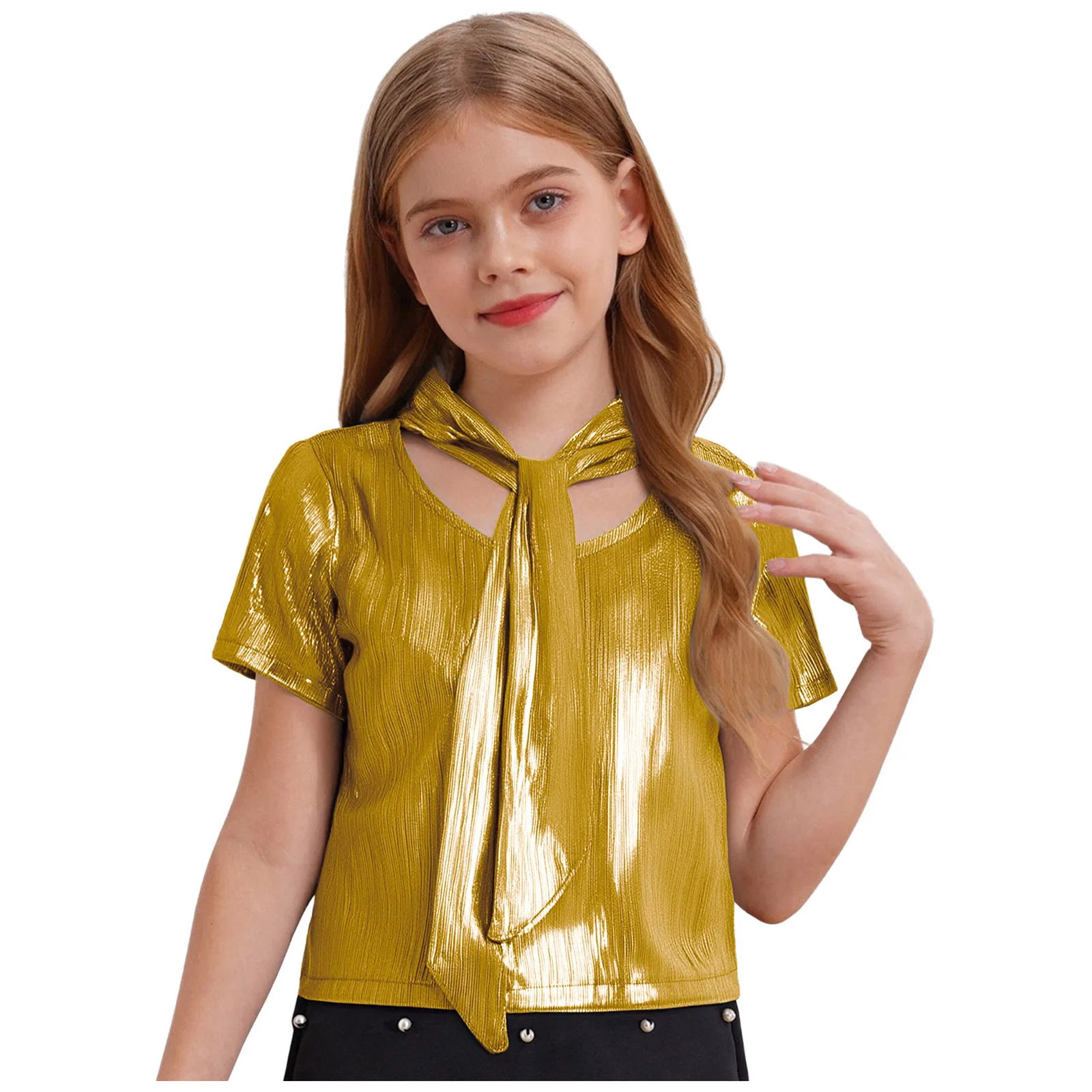 Tops de baile de Jazz para niñas, Top corto acanalado metálico, camiseta de manga corta con cordones para ropa de calle de Hip-Hop, puesta en escena de baile - imagen 4