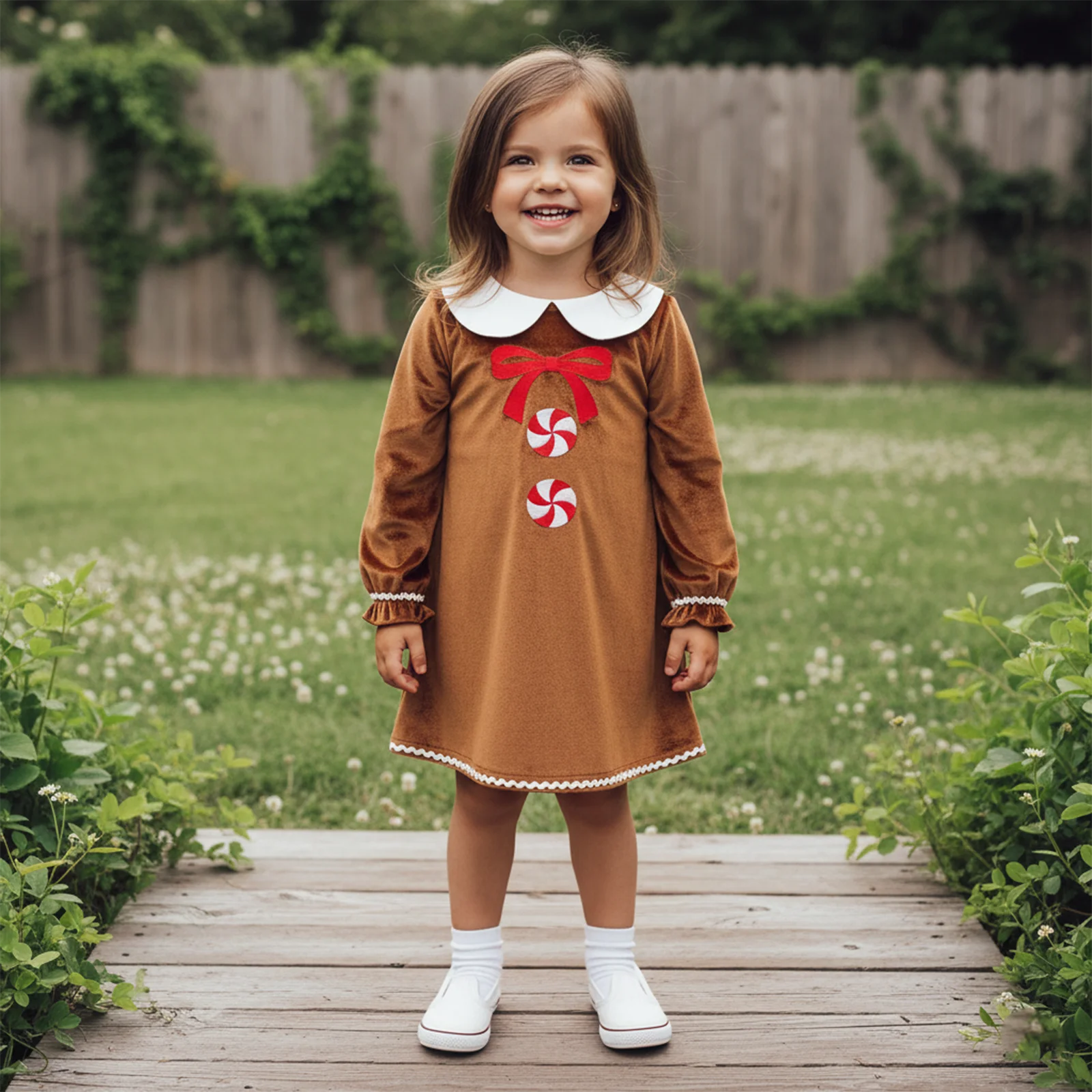 SUNSIOM Vestido de Navidad de una línea para niña pequeña, hombre de jengibre, bordado con lazo, manga larga, cuello de muñeca, vestido de terciopelo - imagen 3