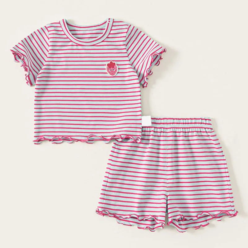 Conjuntos de 2 piezas de ropa de verano para niña, moda coreana, camisetas de manga corta a rayas de cereza y pantalones cortos para bebé, ropa de Boutique para niños B171 - imagen 4