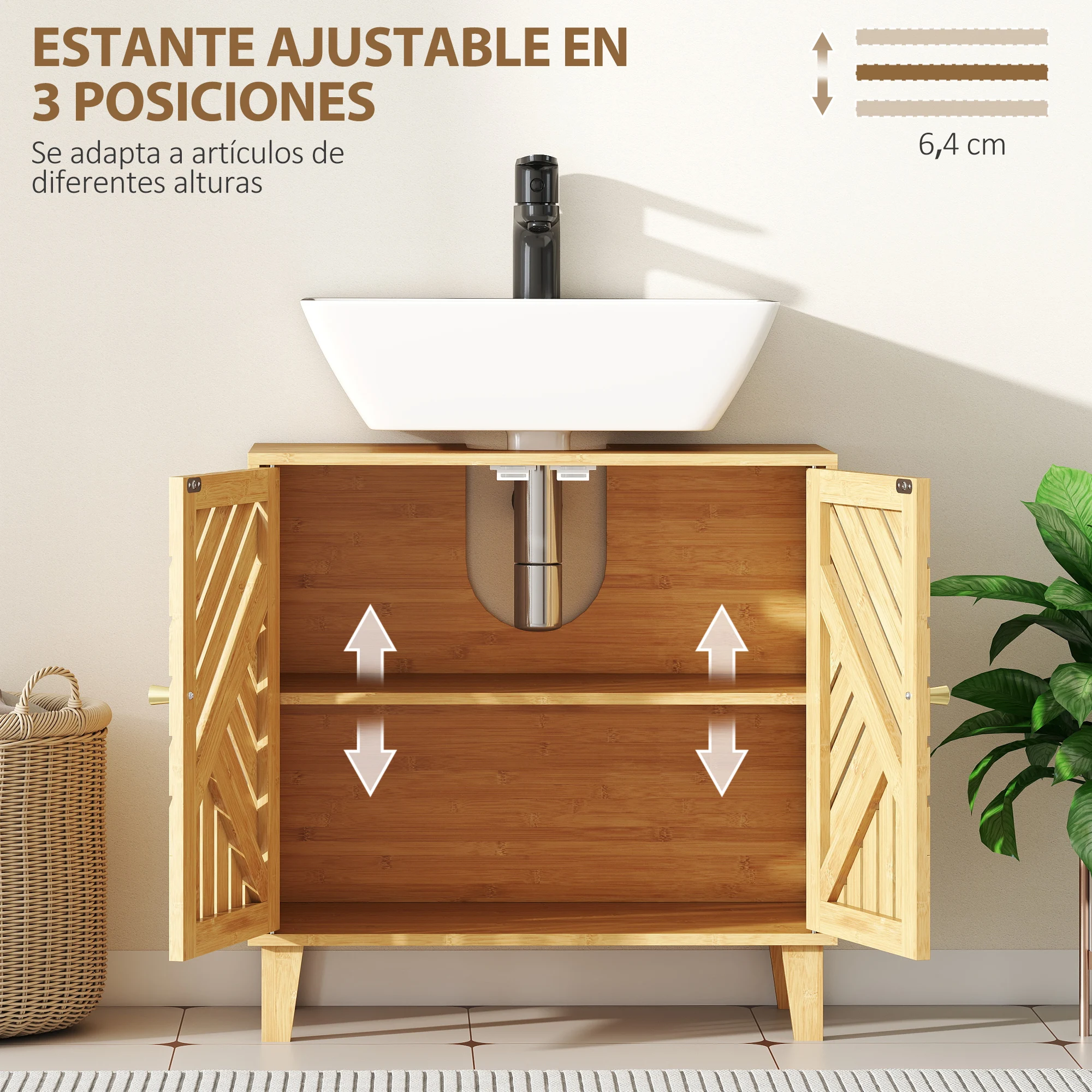 HOMCOM Mueble bajo Lavabo de Bambú Mueble de Baño con 2 Puertas Lamas y Estante Ajustable Armario de Baño para Lavabo sin Pedestal Estilo Nórdico 60x30x60 cm Natural - imagen 5